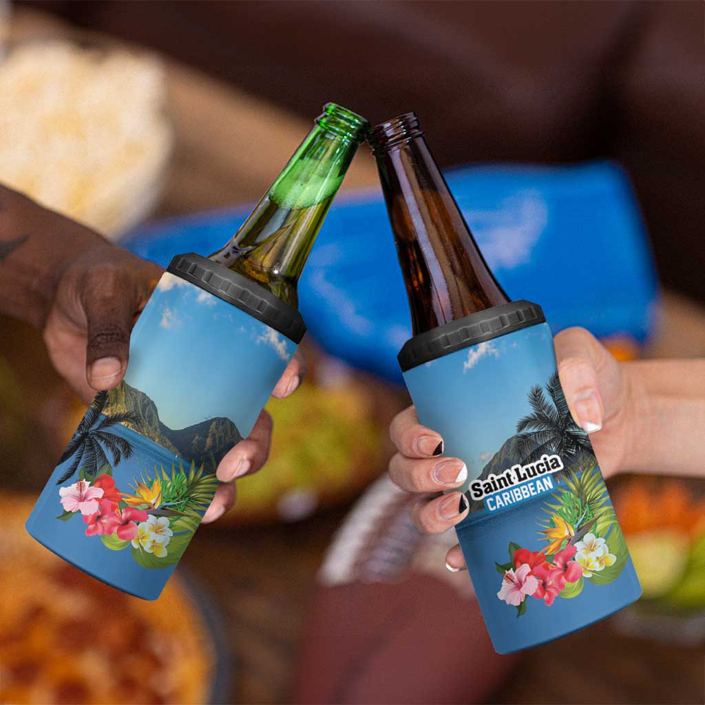 Saint Lucia Pitons 4 in 1 Can Cooler Tumbler With Hibiscus Flowers - Wonder Print Shop