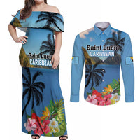 Saint Lucia Pitons Couples Matching Off Shoulder Maxi Dress and Long Sleeve Button Shirt With Hibiscus Flowers - Wonder Print Shop