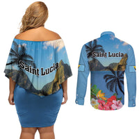 Saint Lucia Pitons Couples Matching Off Shoulder Short Dress and Long Sleeve Button Shirt With Hibiscus Flowers - Wonder Print Shop