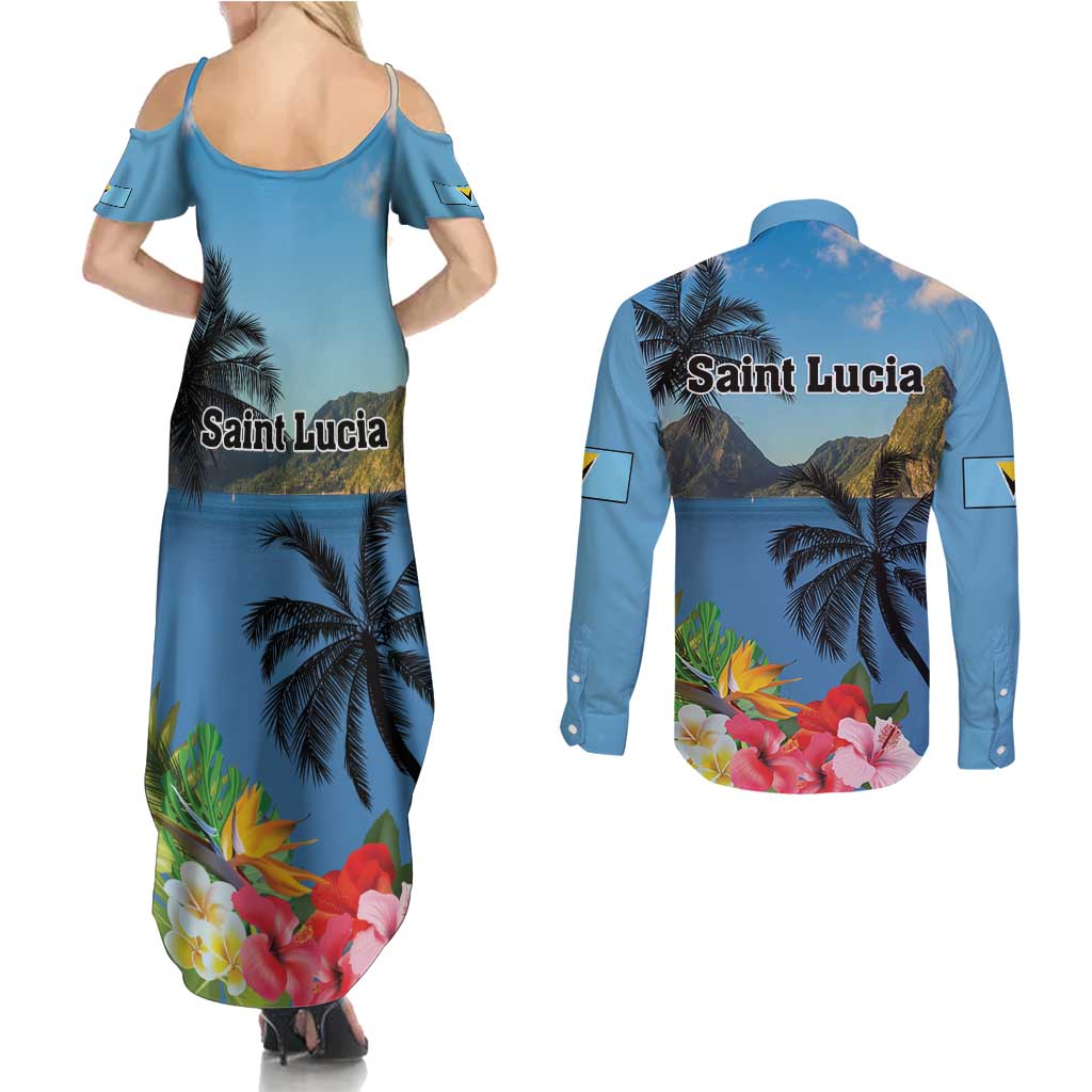 Saint Lucia Pitons Couples Matching Summer Maxi Dress and Long Sleeve Button Shirt With Hibiscus Flowers - Wonder Print Shop