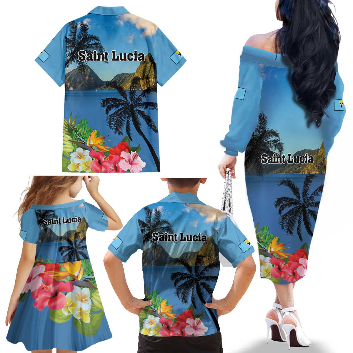 Saint Lucia Pitons Family Matching Off The Shoulder Long Sleeve Dress and Hawaiian Shirt With Hibiscus Flowers - Wonder Print Shop