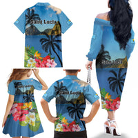 Saint Lucia Pitons Family Matching Off The Shoulder Long Sleeve Dress and Hawaiian Shirt With Hibiscus Flowers - Wonder Print Shop