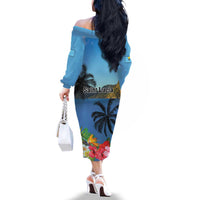 Saint Lucia Pitons Family Matching Off The Shoulder Long Sleeve Dress and Hawaiian Shirt With Hibiscus Flowers - Wonder Print Shop