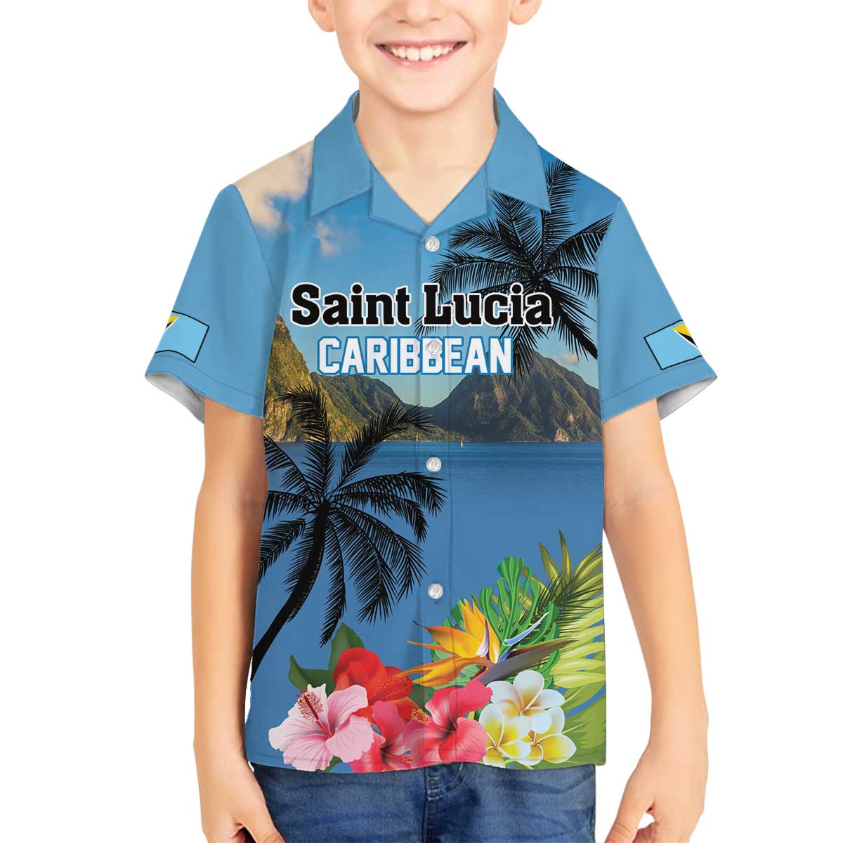 Saint Lucia Pitons Family Matching Off Shoulder Short Dress and Hawaiian Shirt With Hibiscus Flowers - Wonder Print Shop