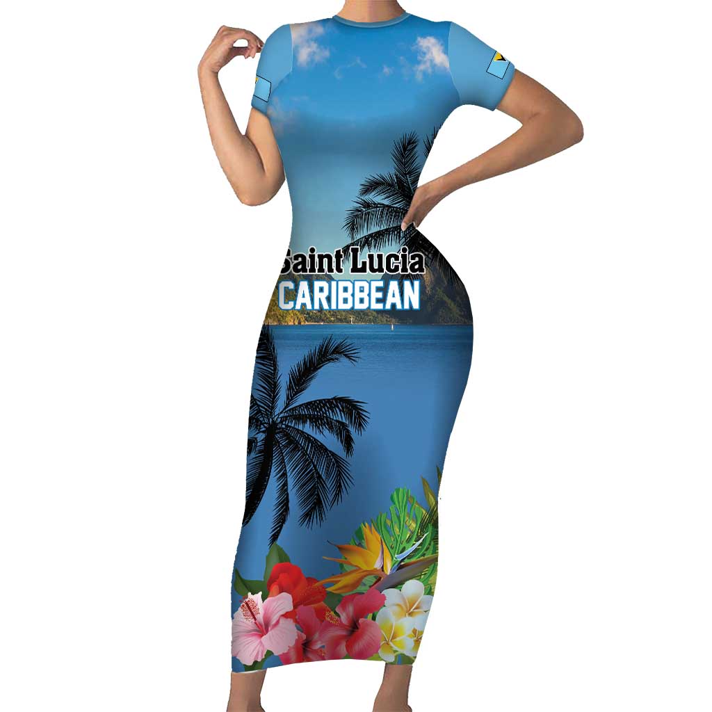Saint Lucia Pitons Family Matching Short Sleeve Bodycon Dress and Hawaiian Shirt With Hibiscus Flowers - Wonder Print Shop