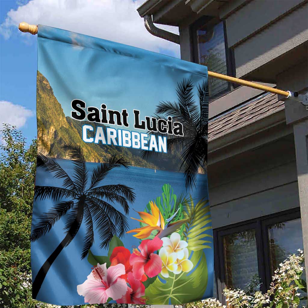 Saint Lucia Pitons Garden Flag With Hibiscus Flowers - Wonder Print Shop