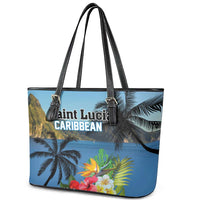 Saint Lucia Pitons Leather Tote Bag With Hibiscus Flowers - Wonder Print Shop