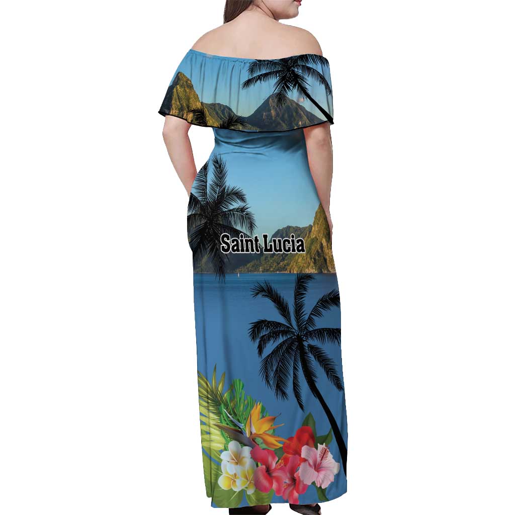 Saint Lucia Pitons Off Shoulder Maxi Dress With Hibiscus Flowers - Wonder Print Shop