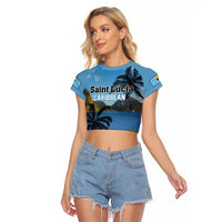 Saint Lucia Pitons Raglan Cropped T Shirt With Hibiscus Flowers - Wonder Print Shop