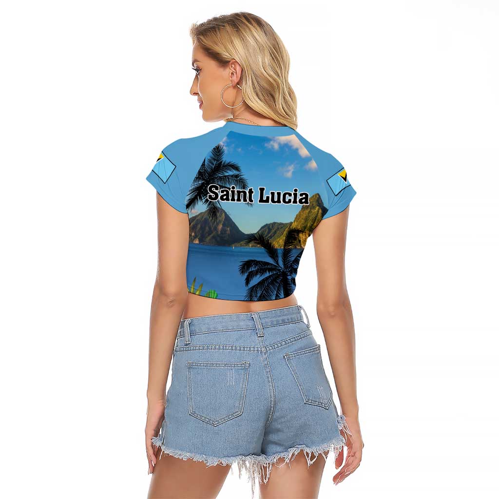 Saint Lucia Pitons Raglan Cropped T Shirt With Hibiscus Flowers - Wonder Print Shop