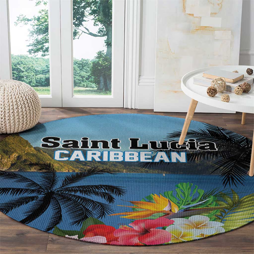 Saint Lucia Pitons Round Carpet With Hibiscus Flowers