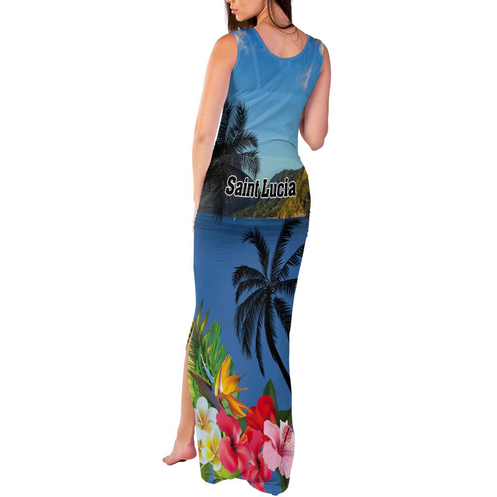 Saint Lucia Pitons Tank Maxi Dress With Hibiscus Flowers - Wonder Print Shop