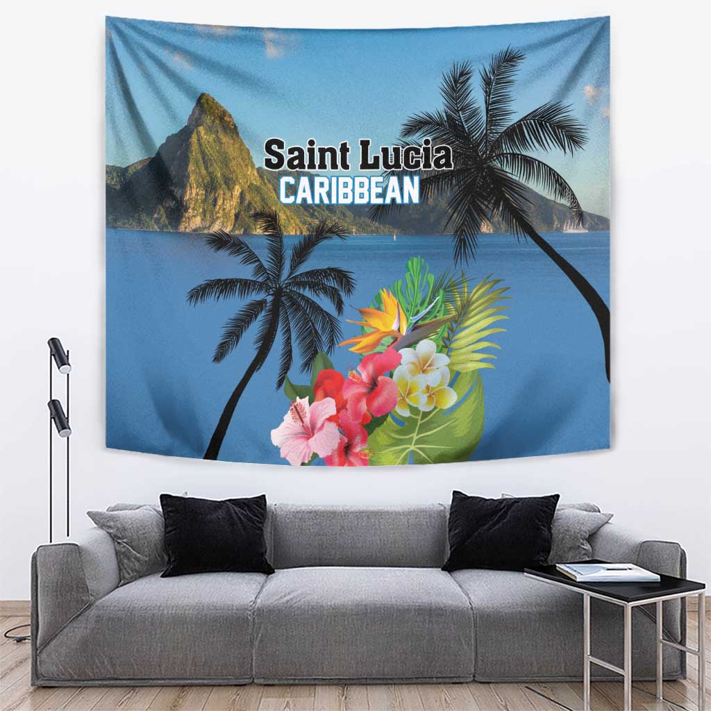 Saint Lucia Pitons Tapestry With Hibiscus Flowers - Wonder Print Shop