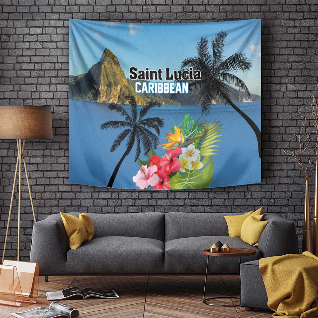Saint Lucia Pitons Tapestry With Hibiscus Flowers - Wonder Print Shop