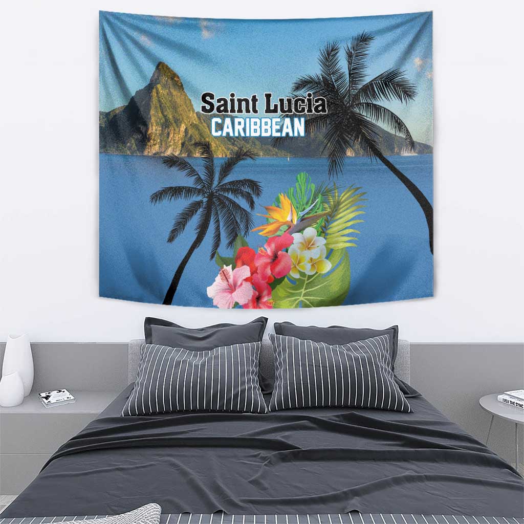 Saint Lucia Pitons Tapestry With Hibiscus Flowers - Wonder Print Shop