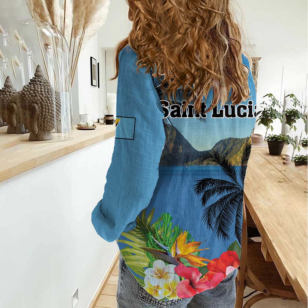 Saint Lucia Pitons Women Casual Shirt With Hibiscus Flowers - Wonder Print Shop