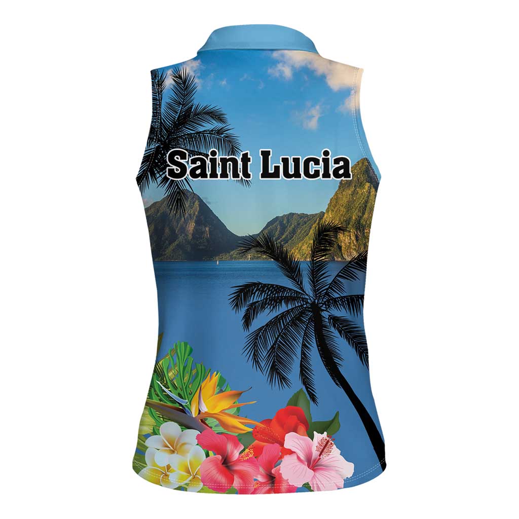 Saint Lucia Pitons Women Sleeveless Polo Shirt With Hibiscus Flowers - Wonder Print Shop