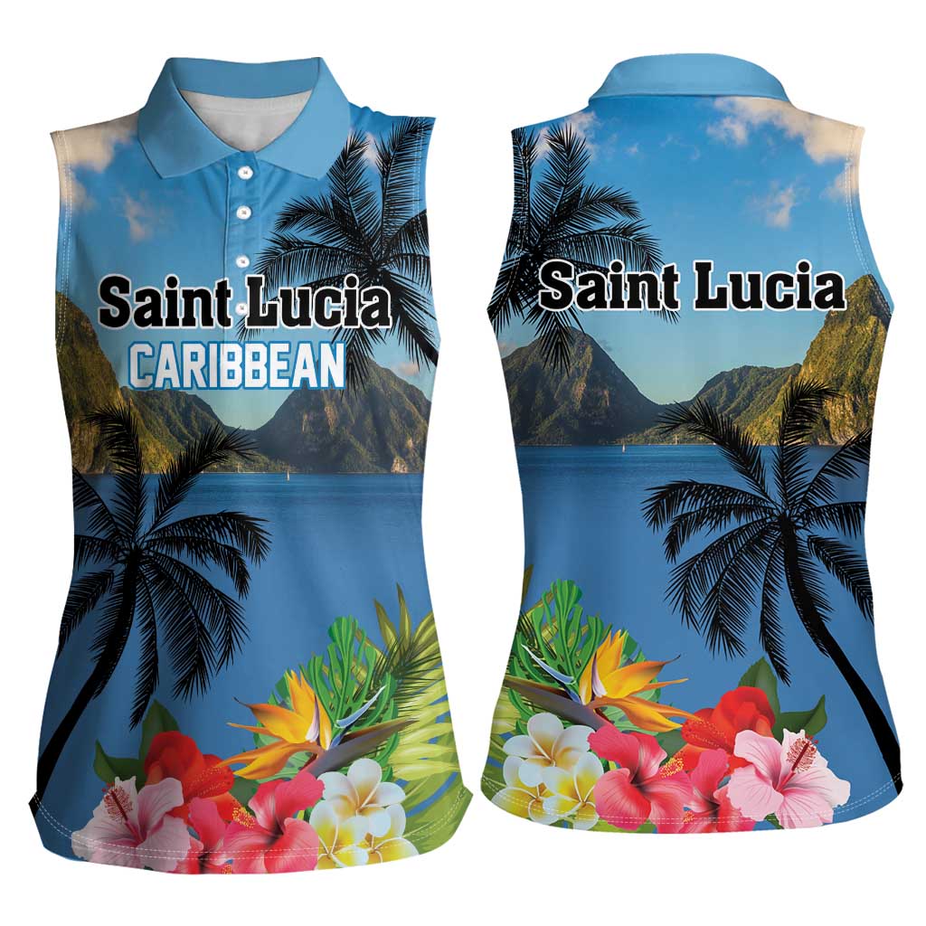 Saint Lucia Pitons Women Sleeveless Polo Shirt With Hibiscus Flowers - Wonder Print Shop
