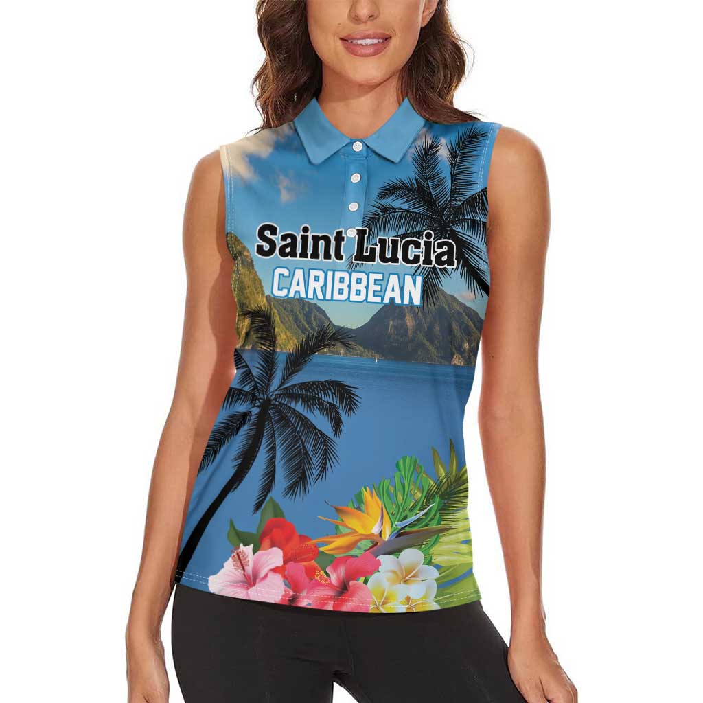 Saint Lucia Pitons Women Sleeveless Polo Shirt With Hibiscus Flowers - Wonder Print Shop