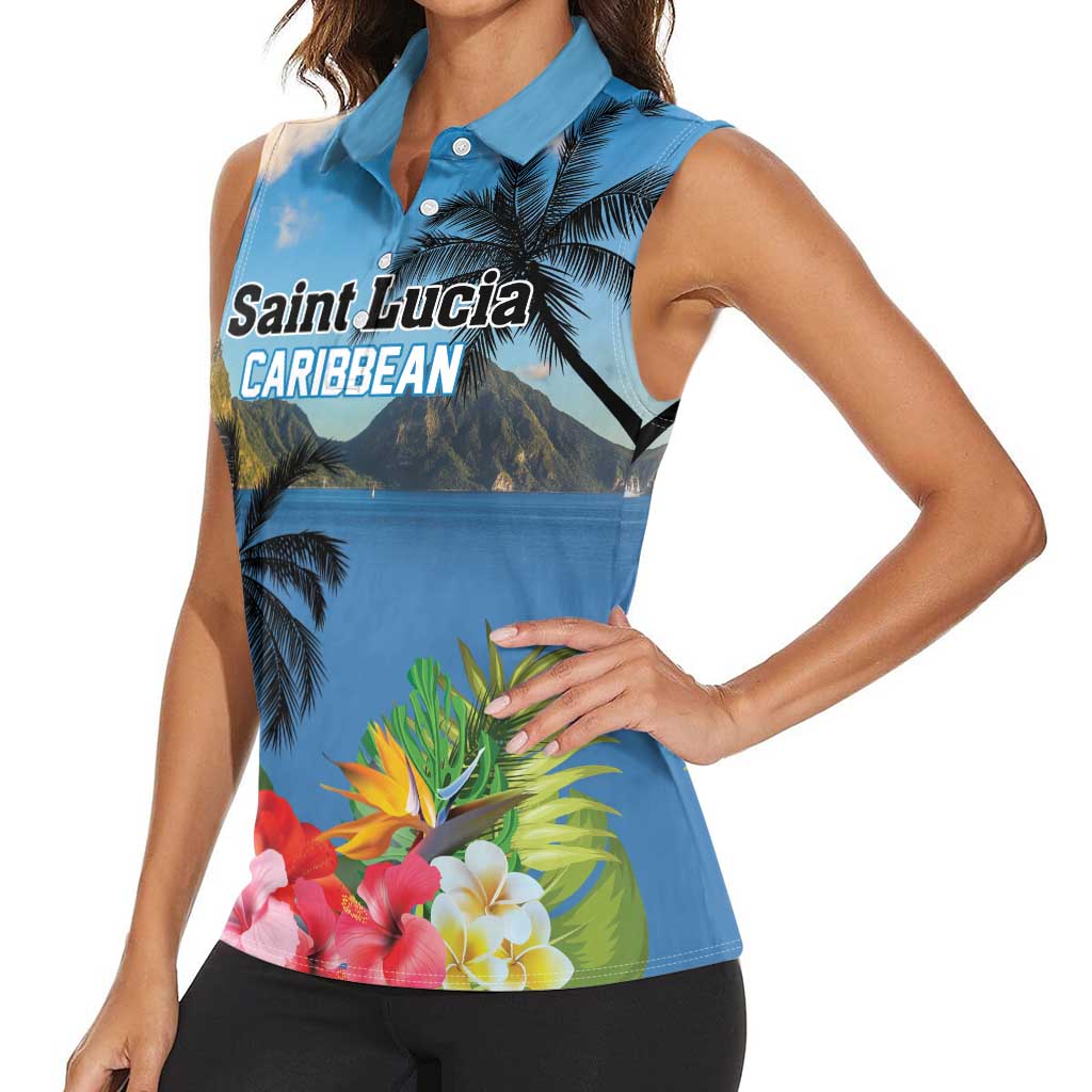 Saint Lucia Pitons Women Sleeveless Polo Shirt With Hibiscus Flowers - Wonder Print Shop