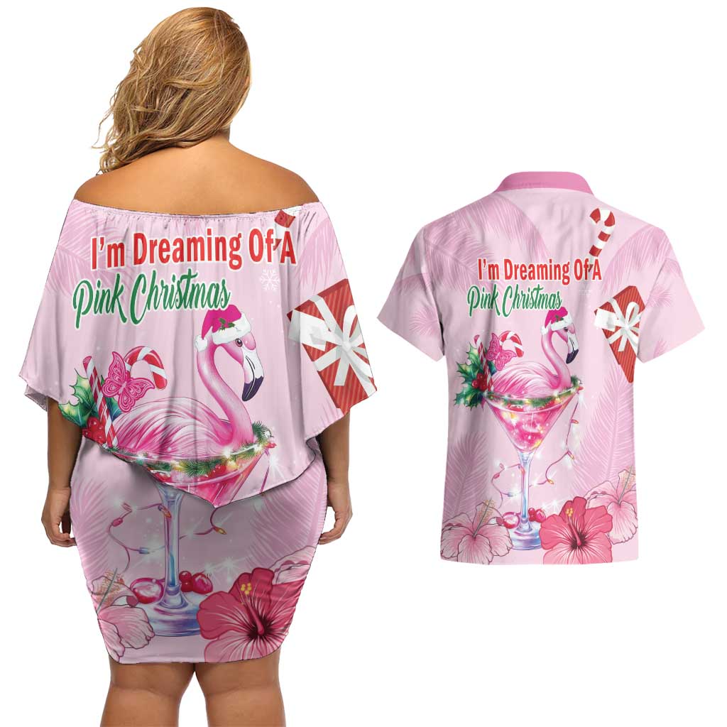 Bahamas Flamingo Christmas Couples Matching Off Shoulder Short Dress and Hawaiian Shirt Merry Flocking - Wonder Print Shop