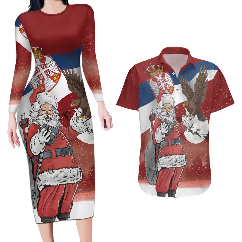 Serbia Santa Christmas Couples Matching Long Sleeve Bodycon Dress and Hawaiian Shirt Christmas Serbian Eagle Flag Style - Wonder Print Shop