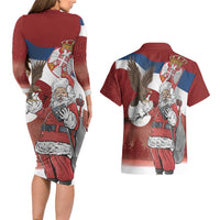 Serbia Santa Christmas Couples Matching Long Sleeve Bodycon Dress and Hawaiian Shirt Christmas Serbian Eagle Flag Style - Wonder Print Shop