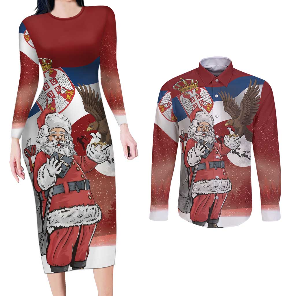 Serbia Santa Christmas Couples Matching Long Sleeve Bodycon Dress and Long Sleeve Button Shirt Christmas Serbian Eagle Flag Style - Wonder Print Shop