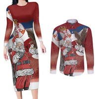 Serbia Santa Christmas Couples Matching Long Sleeve Bodycon Dress and Long Sleeve Button Shirt Christmas Serbian Eagle Flag Style - Wonder Print Shop