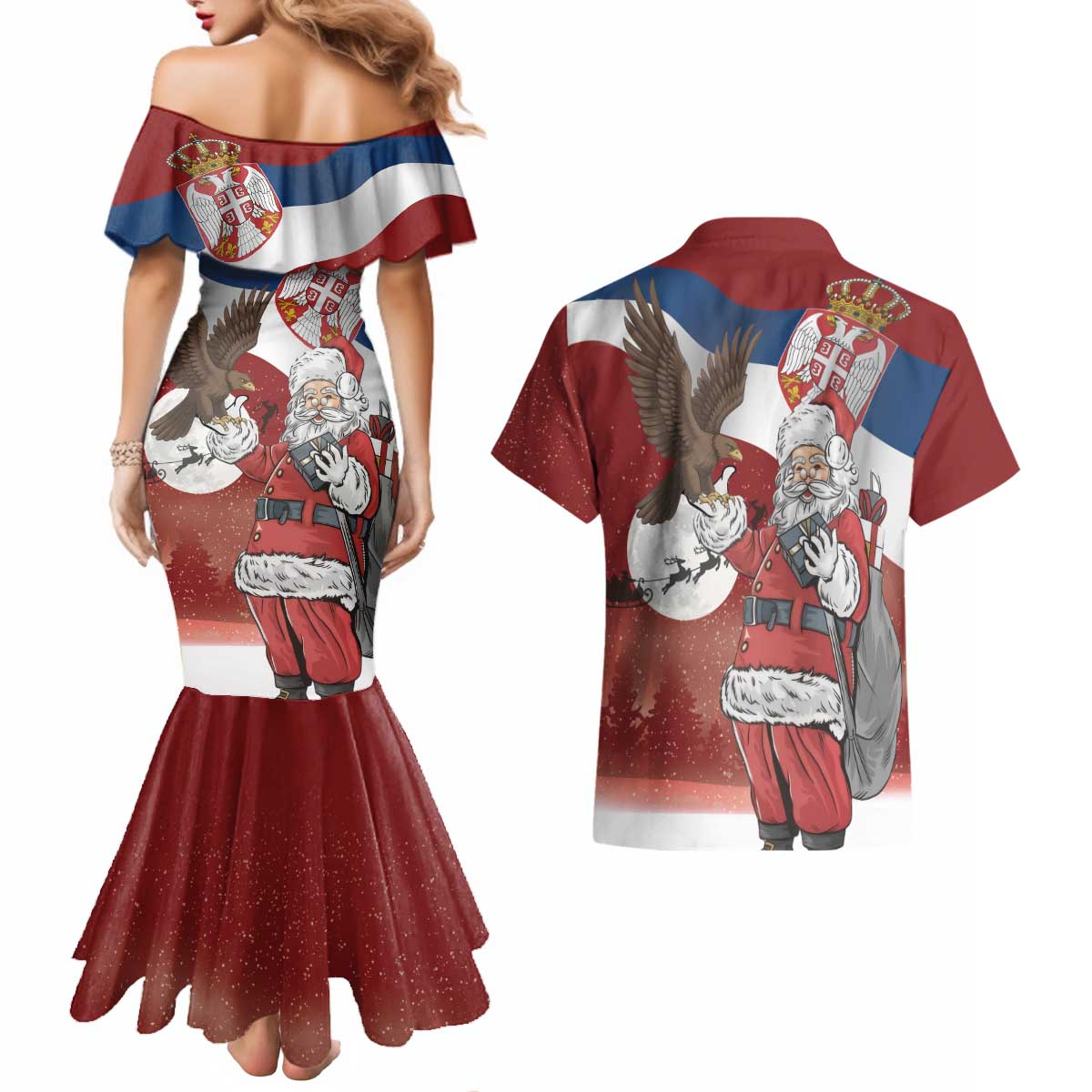 Serbia Santa Christmas Couples Matching Mermaid Dress and Hawaiian Shirt Christmas Serbian Eagle Flag Style - Wonder Print Shop