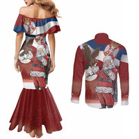 Serbia Santa Christmas Couples Matching Mermaid Dress and Long Sleeve Button Shirt Christmas Serbian Eagle Flag Style - Wonder Print Shop
