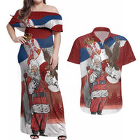 Serbia Santa Christmas Couples Matching Off Shoulder Maxi Dress and Hawaiian Shirt Christmas Serbian Eagle Flag Style - Wonder Print Shop