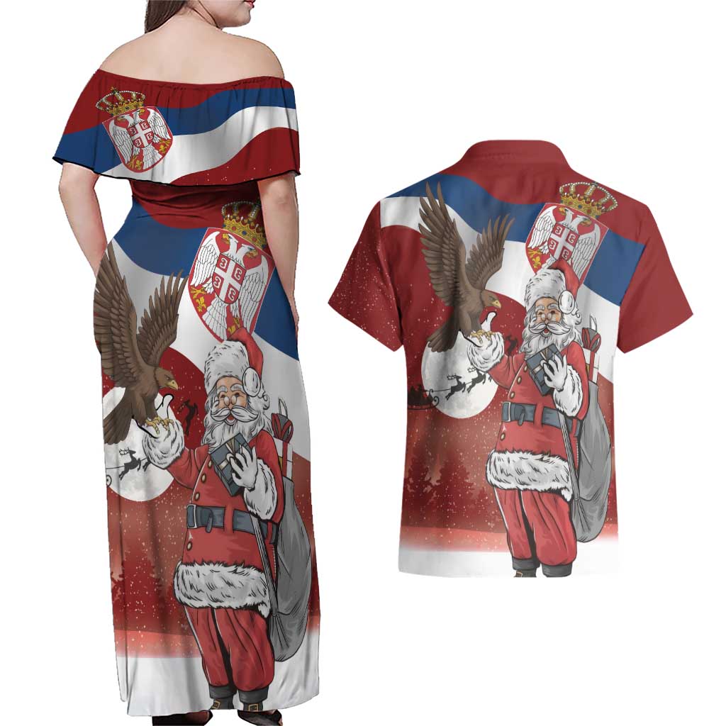 Serbia Santa Christmas Couples Matching Off Shoulder Maxi Dress and Hawaiian Shirt Christmas Serbian Eagle Flag Style - Wonder Print Shop