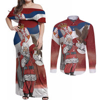Serbia Santa Christmas Couples Matching Off Shoulder Maxi Dress and Long Sleeve Button Shirt Christmas Serbian Eagle Flag Style - Wonder Print Shop