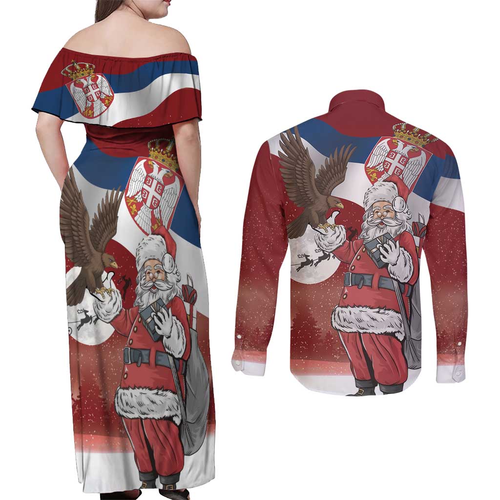 Serbia Santa Christmas Couples Matching Off Shoulder Maxi Dress and Long Sleeve Button Shirt Christmas Serbian Eagle Flag Style - Wonder Print Shop