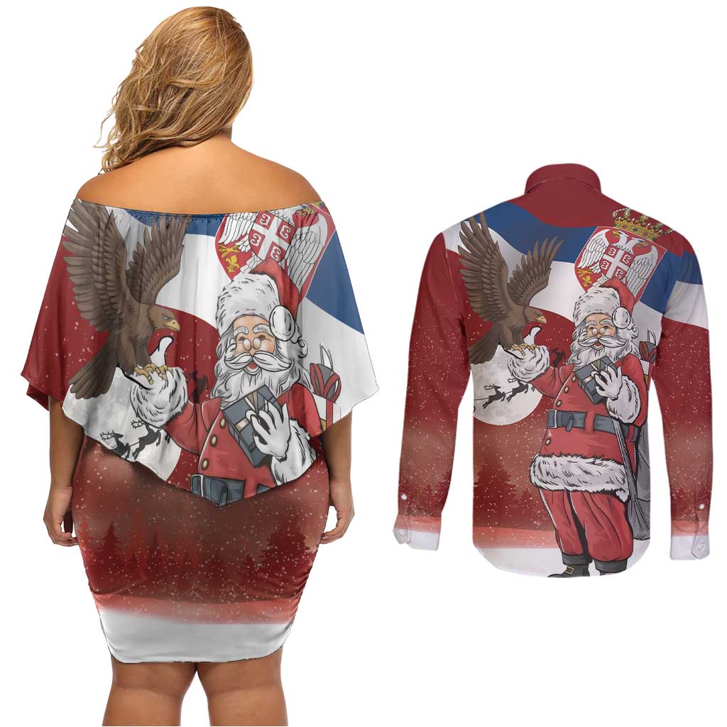 Serbia Santa Christmas Couples Matching Off Shoulder Short Dress and Long Sleeve Button Shirt Christmas Serbian Eagle Flag Style - Wonder Print Shop