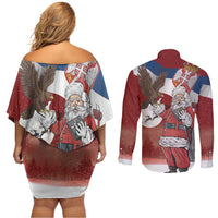 Serbia Santa Christmas Couples Matching Off Shoulder Short Dress and Long Sleeve Button Shirt Christmas Serbian Eagle Flag Style - Wonder Print Shop
