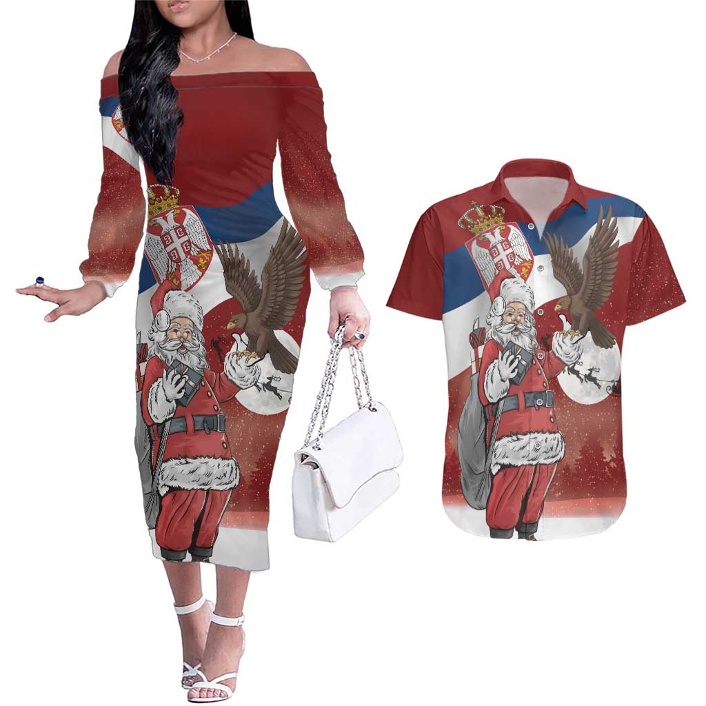 Serbia Santa Christmas Couples Matching Off The Shoulder Long Sleeve Dress and Hawaiian Shirt Christmas Serbian Eagle Flag Style - Wonder Print Shop