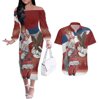 Serbia Santa Christmas Couples Matching Off The Shoulder Long Sleeve Dress and Hawaiian Shirt Christmas Serbian Eagle Flag Style - Wonder Print Shop