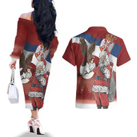 Serbia Santa Christmas Couples Matching Off The Shoulder Long Sleeve Dress and Hawaiian Shirt Christmas Serbian Eagle Flag Style - Wonder Print Shop