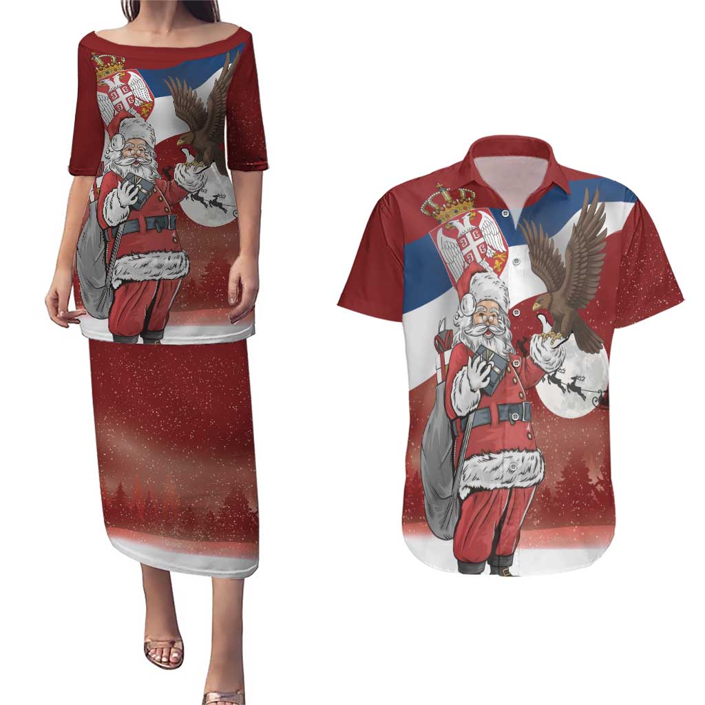 Serbia Santa Christmas Couples Matching Puletasi and Hawaiian Shirt Christmas Serbian Eagle Flag Style - Wonder Print Shop