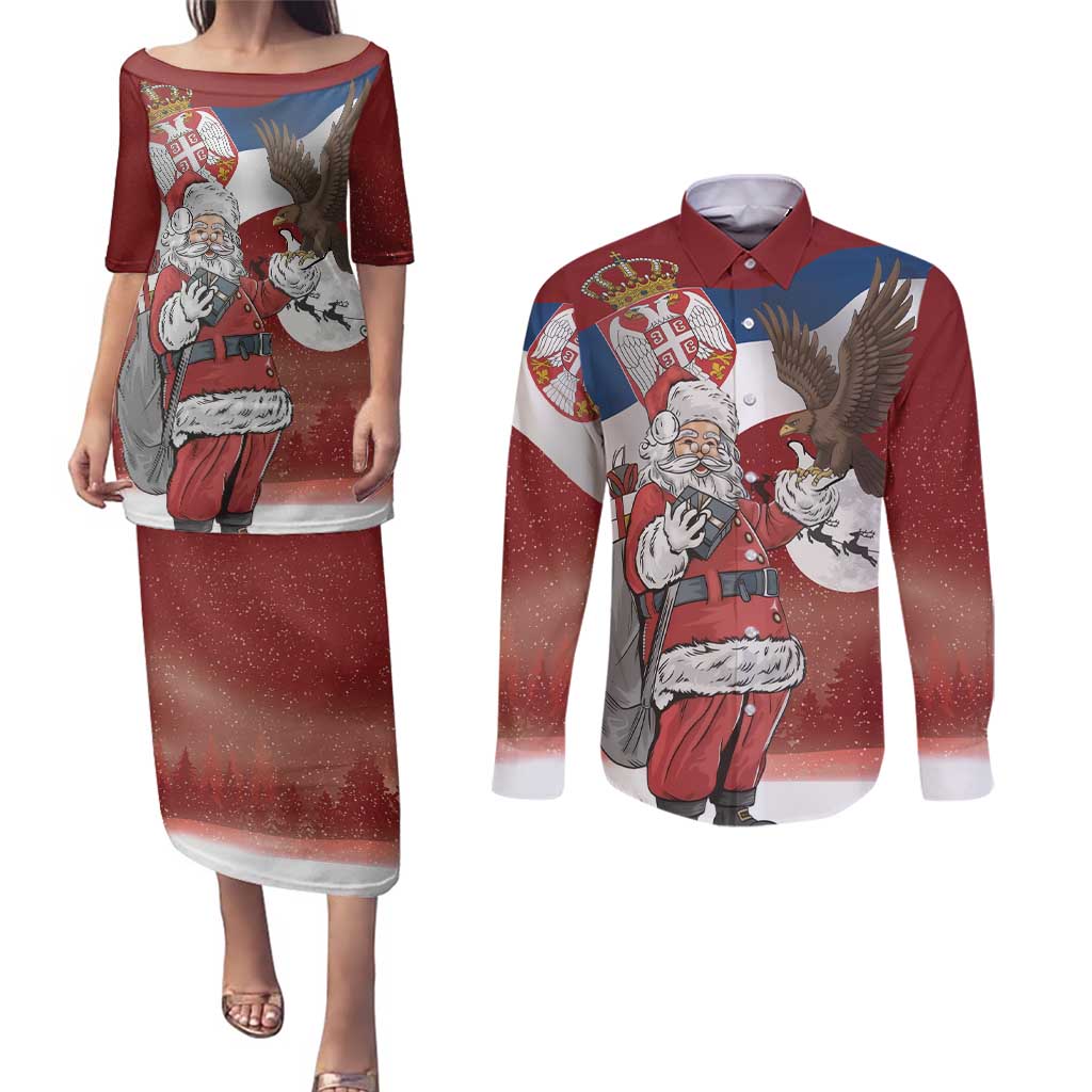 Serbia Santa Christmas Couples Matching Puletasi and Long Sleeve Button Shirt Christmas Serbian Eagle Flag Style - Wonder Print Shop