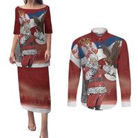 Serbia Santa Christmas Couples Matching Puletasi and Long Sleeve Button Shirt Christmas Serbian Eagle Flag Style - Wonder Print Shop