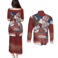 Serbia Santa Christmas Couples Matching Puletasi and Long Sleeve Button Shirt Christmas Serbian Eagle Flag Style - Wonder Print Shop