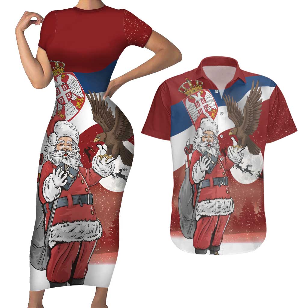 Serbia Santa Christmas Couples Matching Short Sleeve Bodycon Dress and Hawaiian Shirt Christmas Serbian Eagle Flag Style - Wonder Print Shop