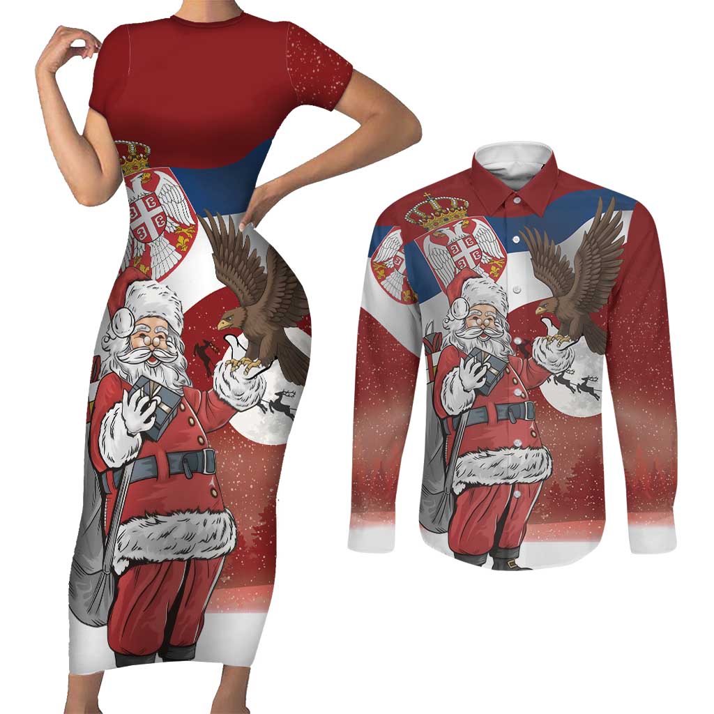 Serbia Santa Christmas Couples Matching Short Sleeve Bodycon Dress and Long Sleeve Button Shirt Christmas Serbian Eagle Flag Style - Wonder Print Shop