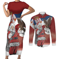 Serbia Santa Christmas Couples Matching Short Sleeve Bodycon Dress and Long Sleeve Button Shirt Christmas Serbian Eagle Flag Style - Wonder Print Shop