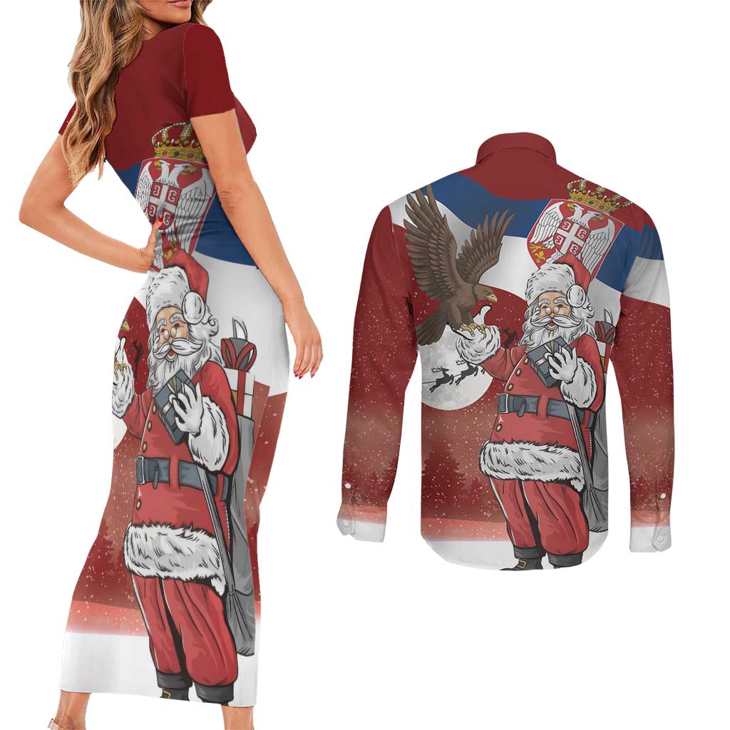 Serbia Santa Christmas Couples Matching Short Sleeve Bodycon Dress and Long Sleeve Button Shirt Christmas Serbian Eagle Flag Style - Wonder Print Shop