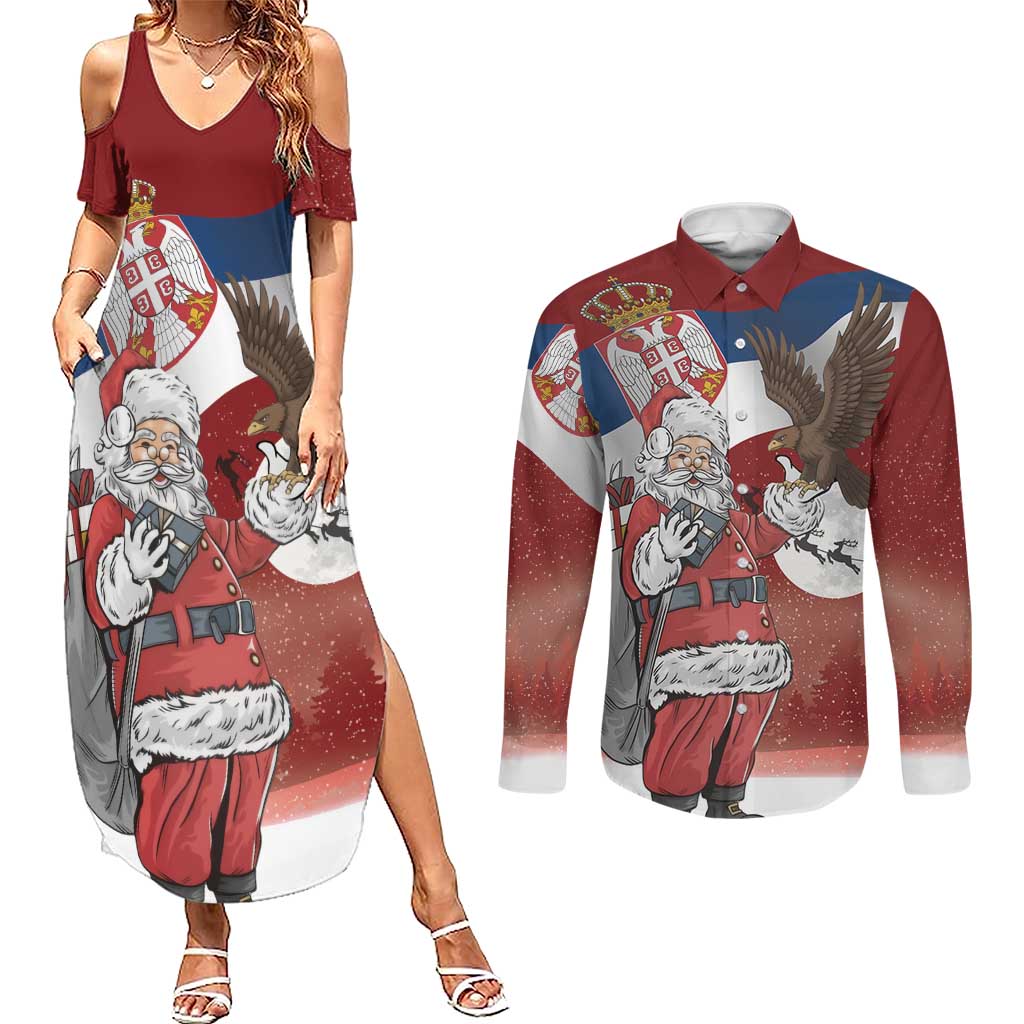Serbia Santa Christmas Couples Matching Summer Maxi Dress and Long Sleeve Button Shirt Christmas Serbian Eagle Flag Style - Wonder Print Shop