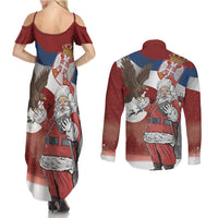 Serbia Santa Christmas Couples Matching Summer Maxi Dress and Long Sleeve Button Shirt Christmas Serbian Eagle Flag Style - Wonder Print Shop
